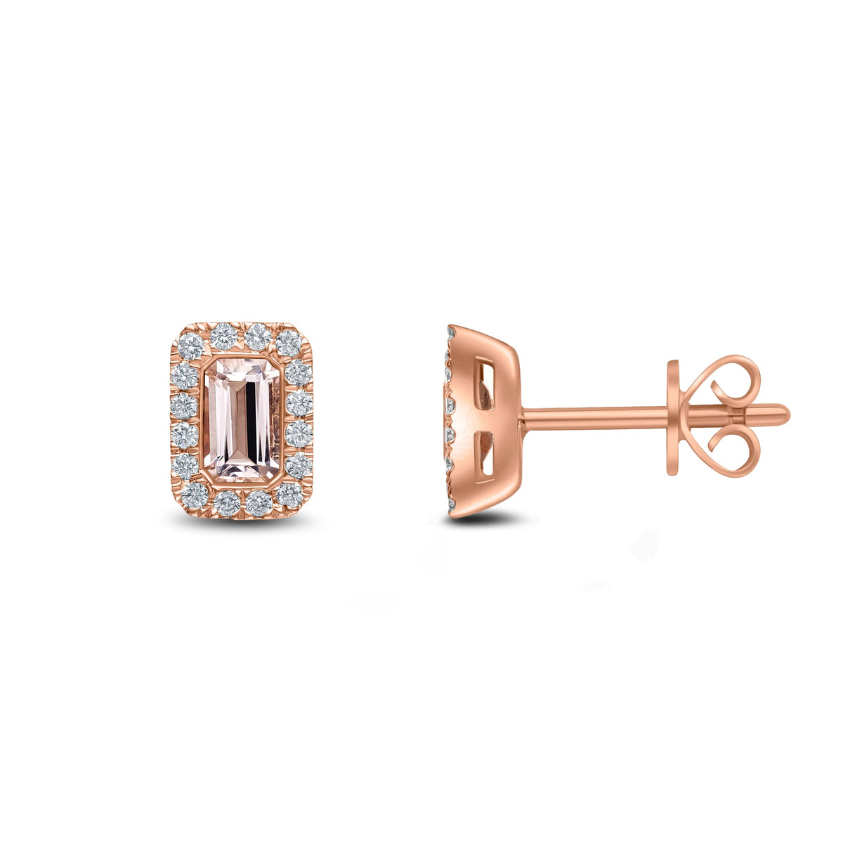 18ct Rose Gold Octagonal Natural Morganite & Diamond Cluster Stud Earrings — 5x3mm