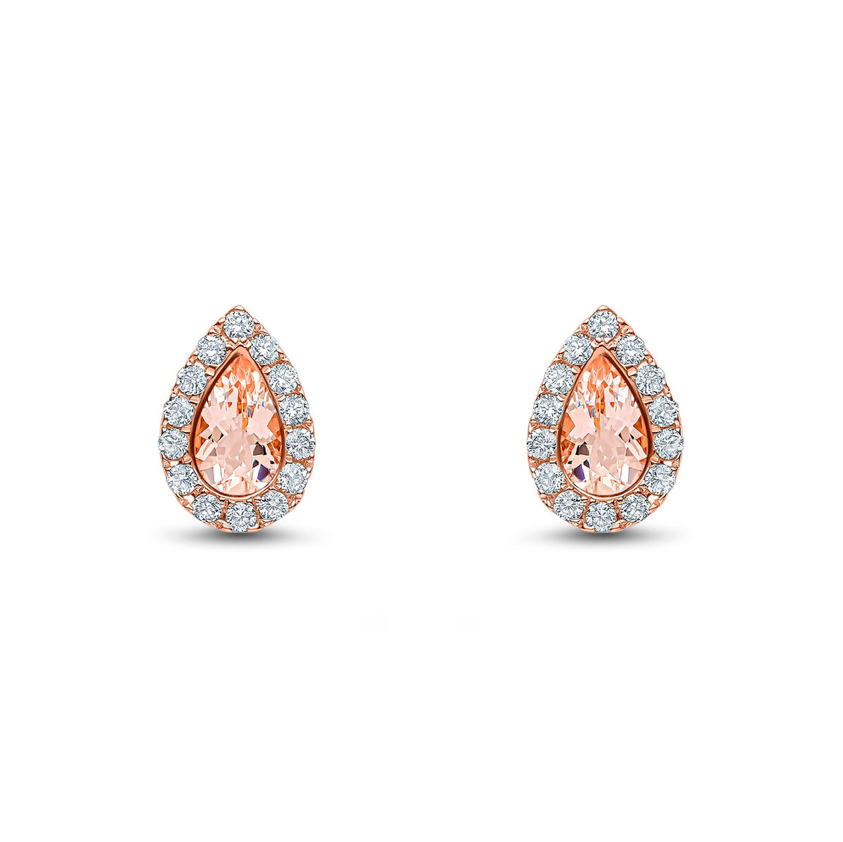 18ct Rose Gold Pear Shaped Natural Morganite & Diamond Cluster Stud Earrings — 5x3mm
