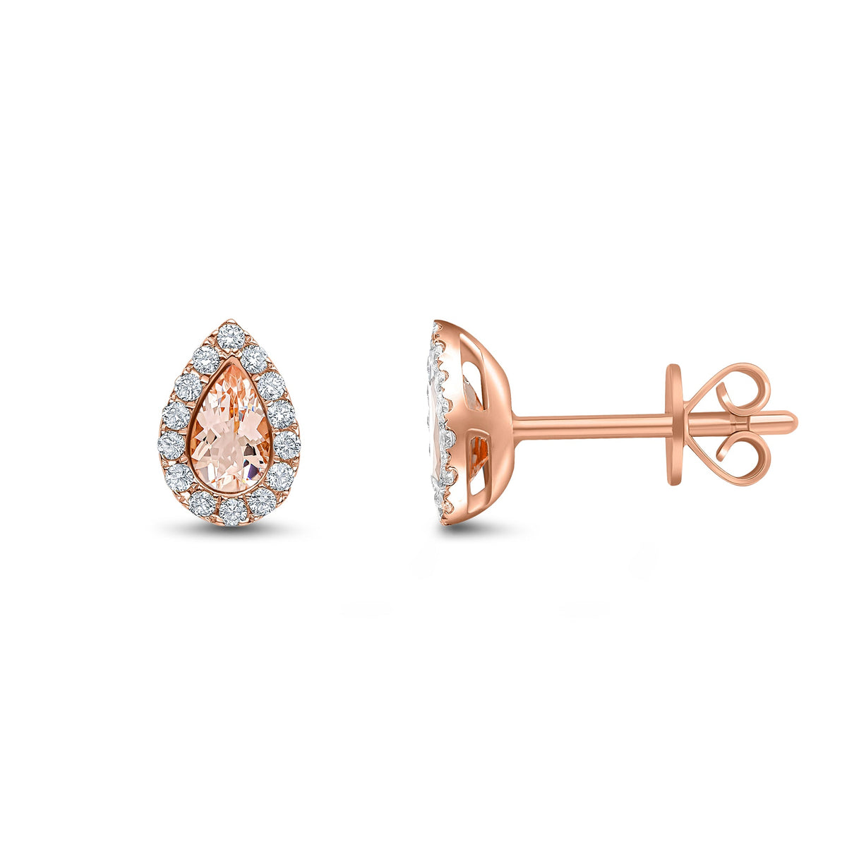 18ct Rose Gold Pear Shaped Natural Morganite & Diamond Cluster Stud Earrings — 5x3mm