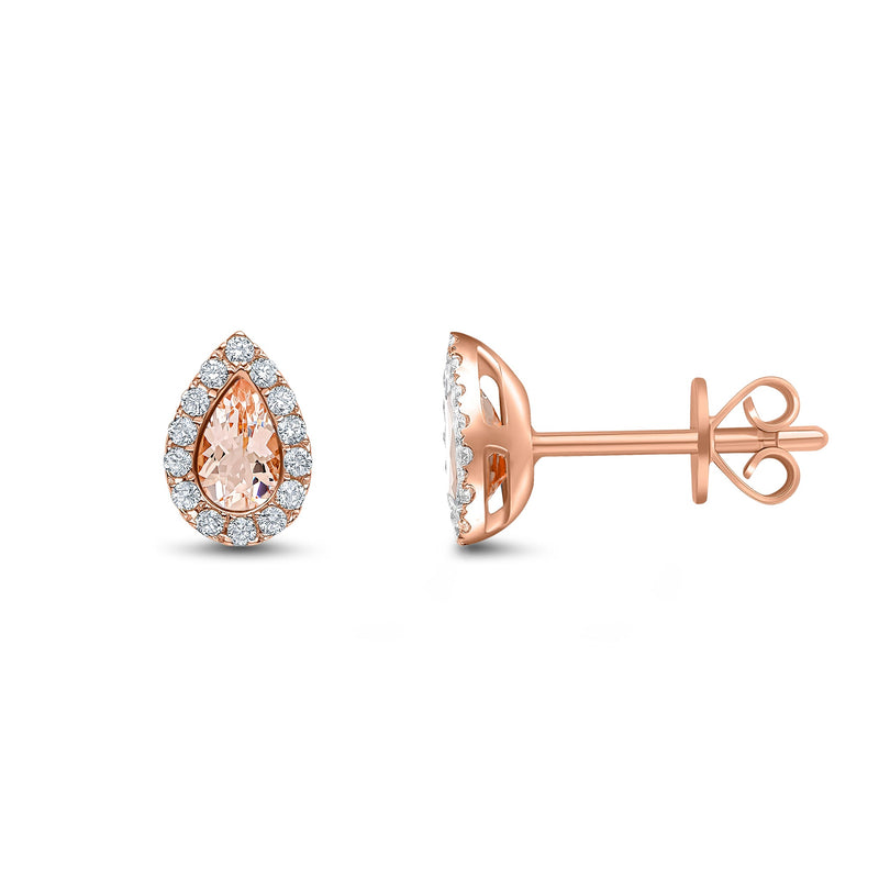 18ct Rose Gold Pear Shaped Natural Morganite & Diamond Cluster Stud Earrings — 5x3mm