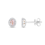 18ct White Gold Oval Natural Morganite & Diamond Microset Cluster Stud Earrings — 4x3mm