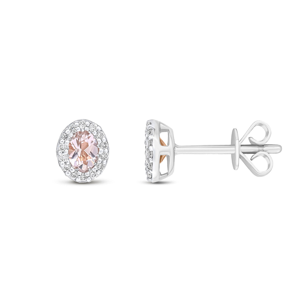 18ct White Gold Oval Natural Morganite & Diamond Microset Cluster Stud Earrings — 4x3mm