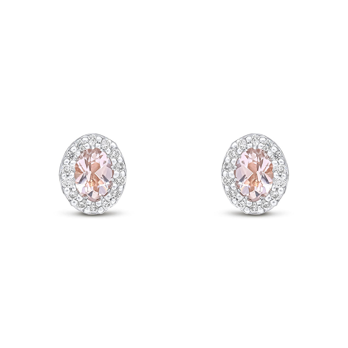 18ct White Gold Oval Natural Morganite & Diamond Microset Cluster Stud Earrings — 4x3mm