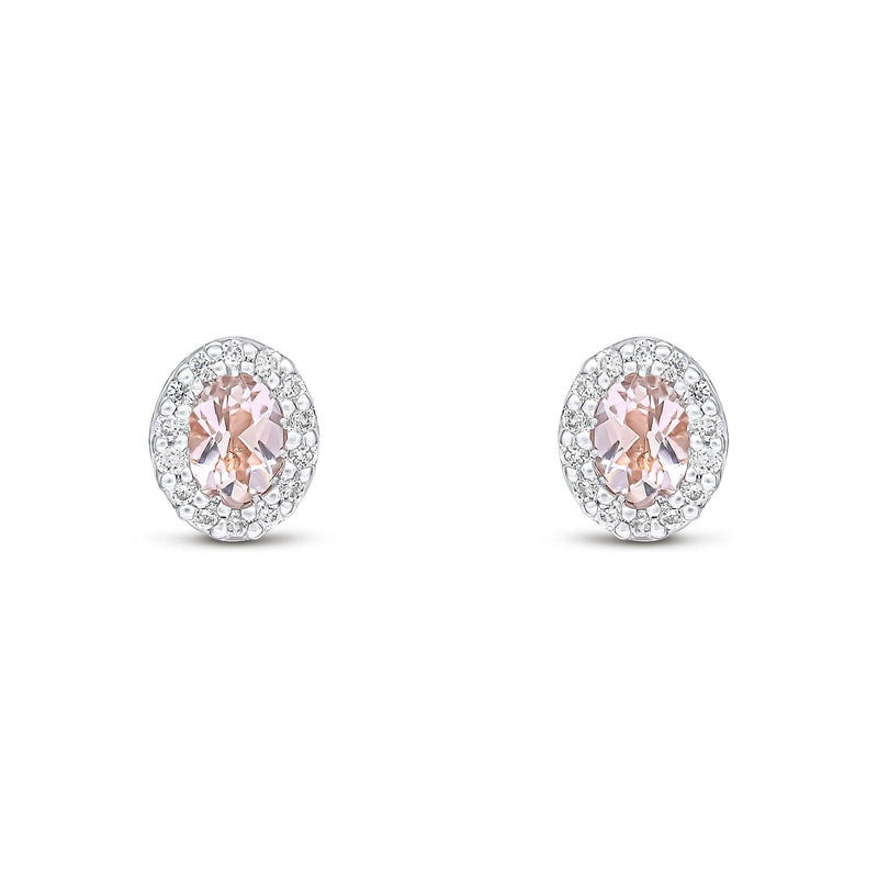 18ct White Gold Oval Natural Morganite & Diamond Microset Cluster Stud Earrings — 4x3mm