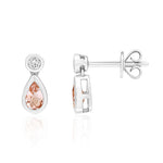 18ct White Gold Pear Shaped Natural Morganite & Diamond Two Stone Rubover Drop Earrings — 5x3mm