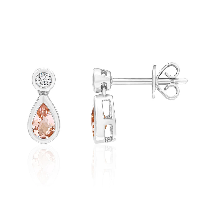 18ct White Gold Pear Shaped Natural Morganite & Diamond Two Stone Rubover Drop Earrings — 5x3mm