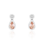 18ct White Gold Pear Shaped Natural Morganite & Diamond Two Stone Rubover Drop Earrings — 5x3mm