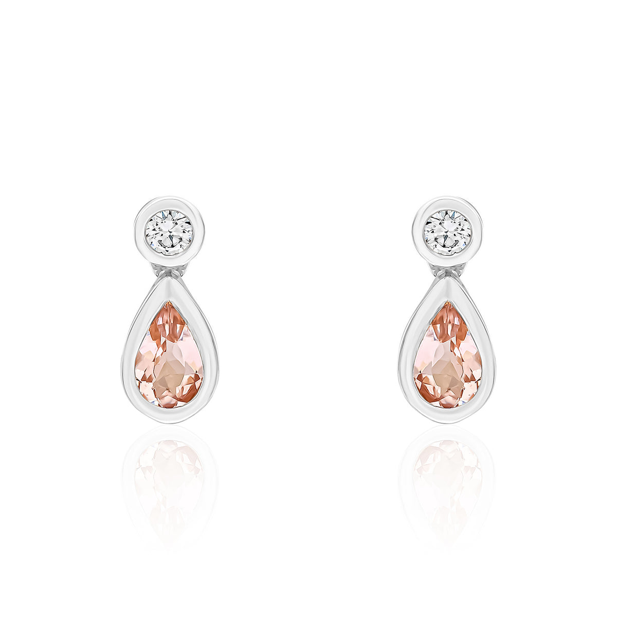 18ct White Gold Pear Shaped Natural Morganite & Diamond Two Stone Rubover Drop Earrings — 5x3mm