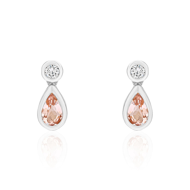 18ct White Gold Pear Shaped Natural Morganite & Diamond Two Stone Rubover Drop Earrings — 5x3mm