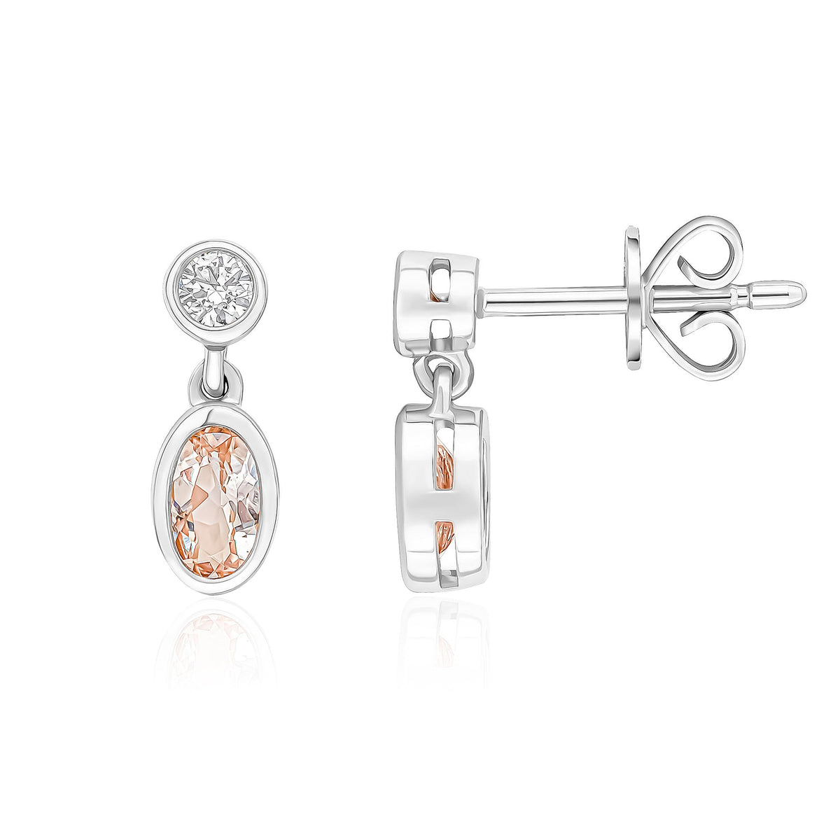 18ct White Gold Oval Natural Morganite & Diamond Two Stone Rubover Drop Earrings — 5x3mm