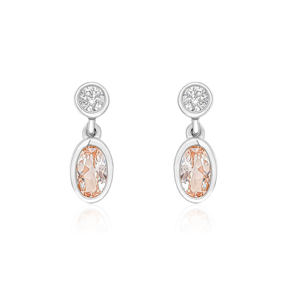 18ct White Gold Oval Natural Morganite & Diamond Two Stone Rubover Drop Earrings — 5x3mm