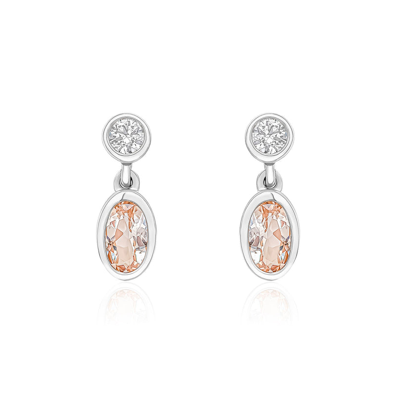 18ct White Gold Oval Natural Morganite & Diamond Two Stone Rubover Drop Earrings — 5x3mm