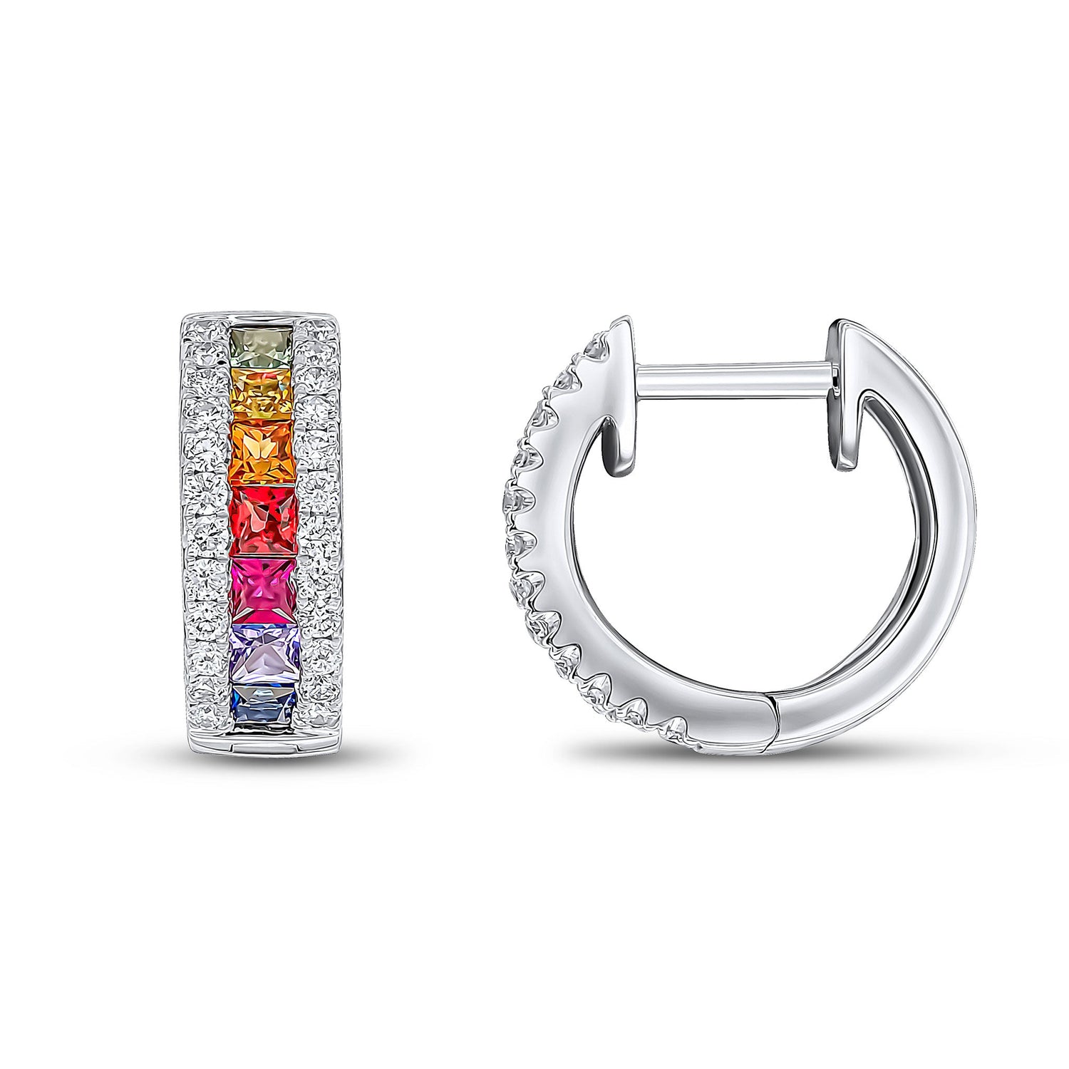 18ct White Gold Square Natural Multi Sapphire and Diamond Huggie Hoop Earrings — 13mm