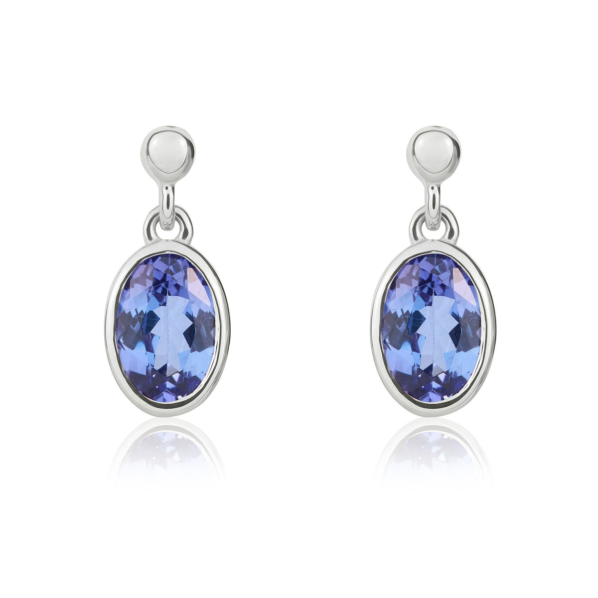 9ct White Gold Oval Natural Tanzanite Rubover Drop Earrings — 6x4mm