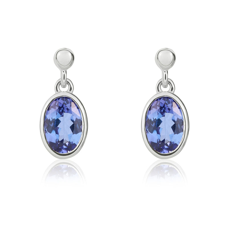9ct White Gold Oval Natural Tanzanite Rubover Drop Earrings — 6x4mm