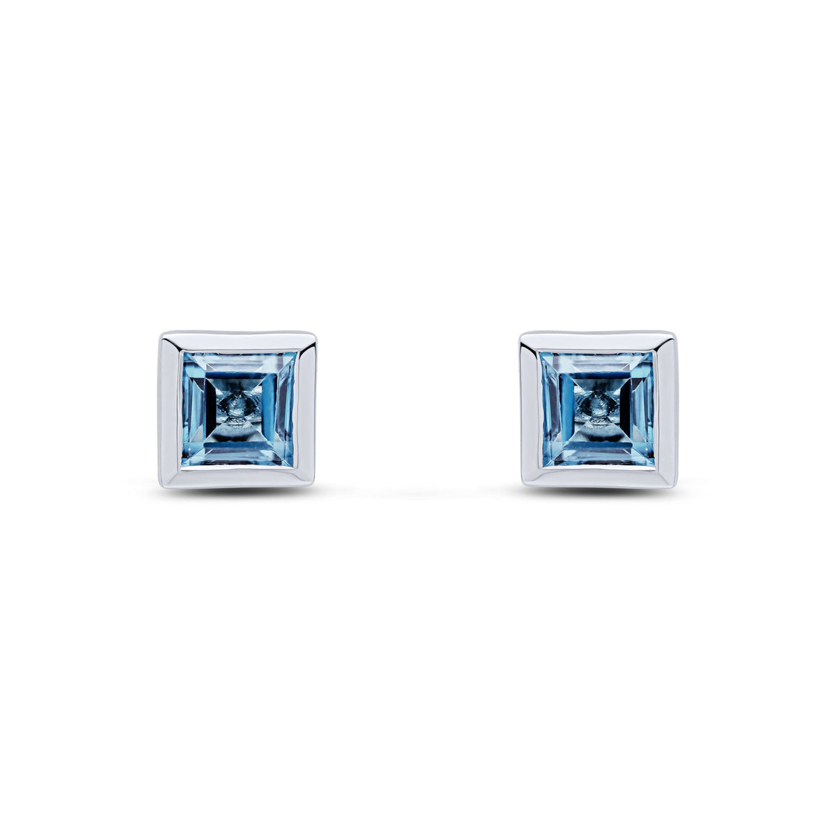 9ct White Gold Square Natural London Blue Topaz Rubover Stud Earrings — 5mm