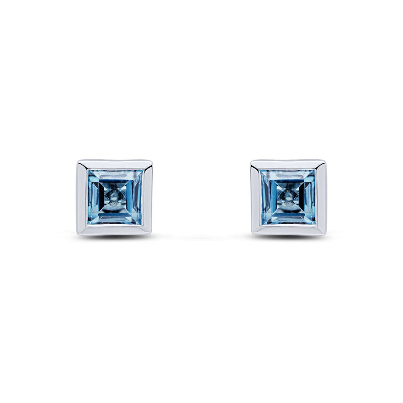 9ct White Gold Square Natural London Blue Topaz Rubover Stud Earrings — 5mm