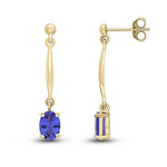 9ct Yellow Gold Oval Natural Tanzanite Claw Bar Drop Earrings — 7x5mm
