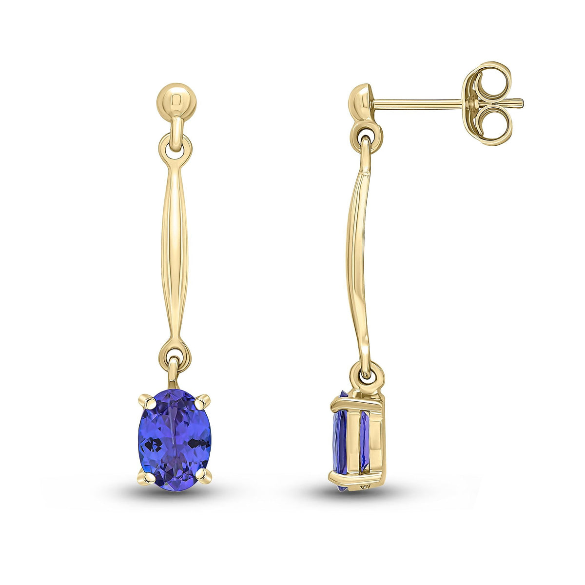 9ct Yellow Gold Oval Natural Tanzanite Claw Bar Drop Earrings — 7x5mm