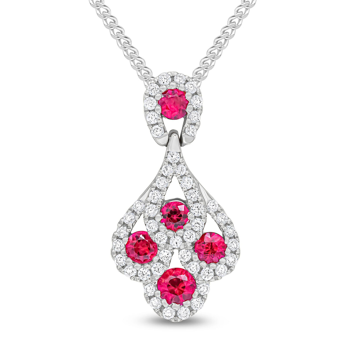 18ct White Gold Natural Ruby and Diamond Peacock Drop Earrings