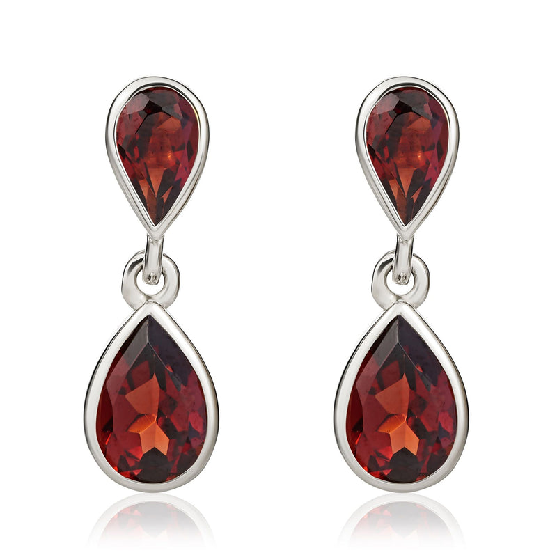 9ct White Gold Pear Shaped Natural Garnet Two Stone Rubover Drop Earrings