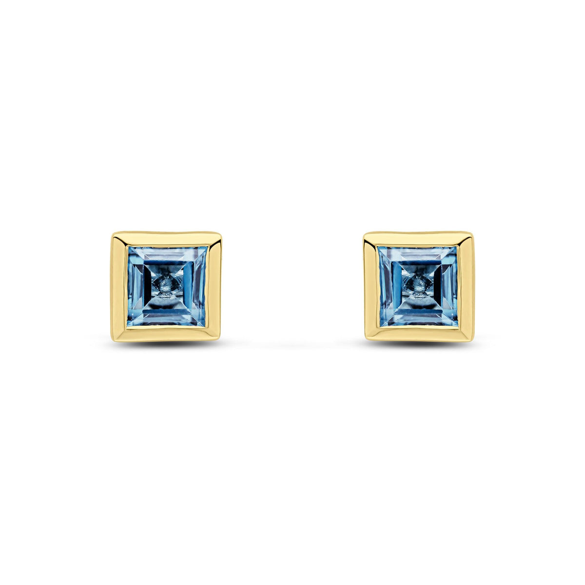 9ct Yellow Gold Square Natural London Blue Topaz Rubover Stud Earrings — 5mm