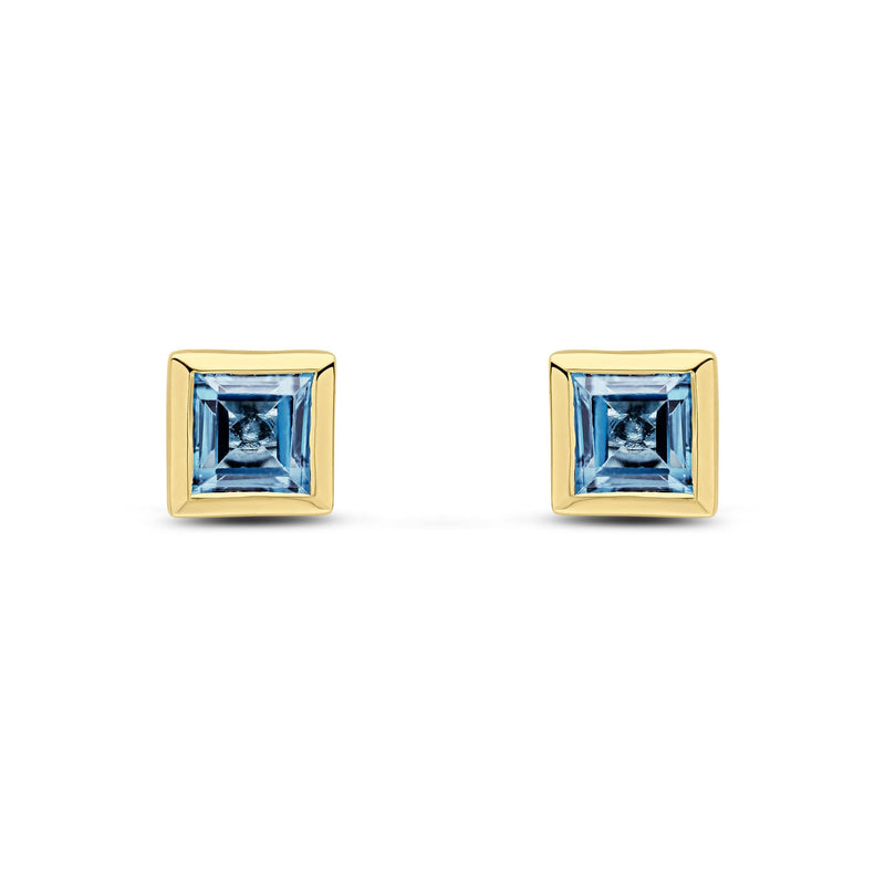9ct Yellow Gold Square Natural London Blue Topaz Rubover Stud Earrings — 5mm