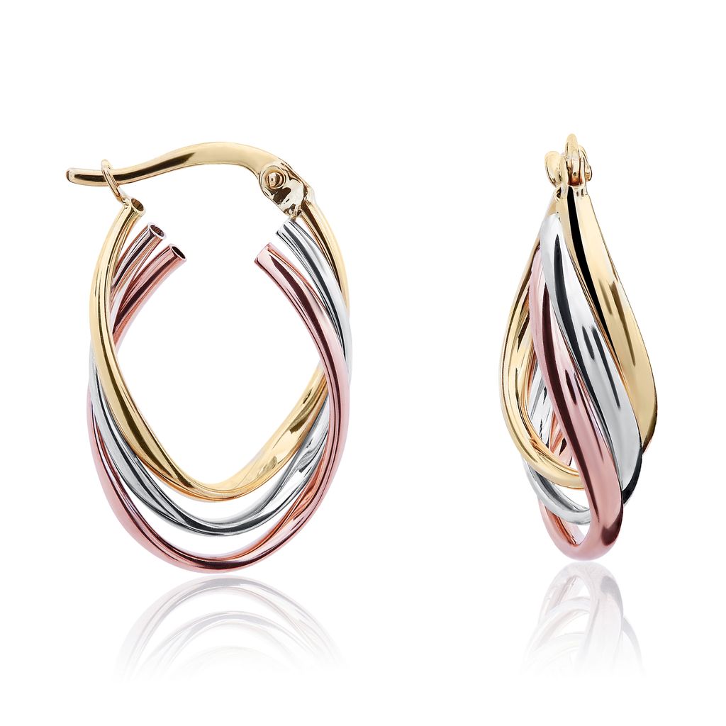 9ct Three Colour Gold 3 Row Wavy Oval Hoop Earrings
