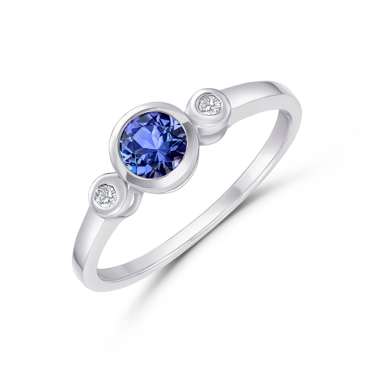 9ct White Gold Round Natural Tanzanite and Diamond Three Stone Ring