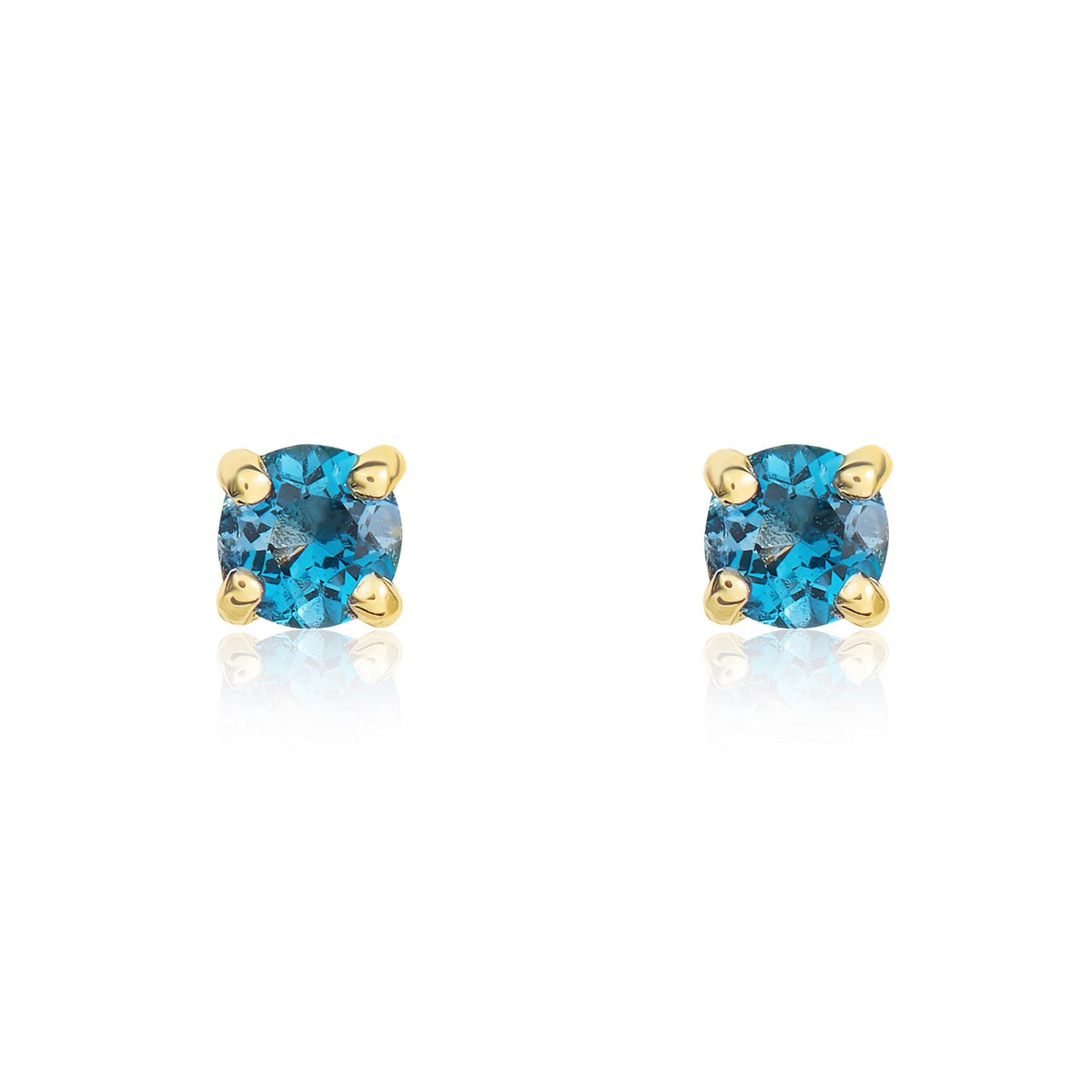 9ct Yellow Gold Round Natural London Blue Topaz Claw Stud Earrings — 3mm