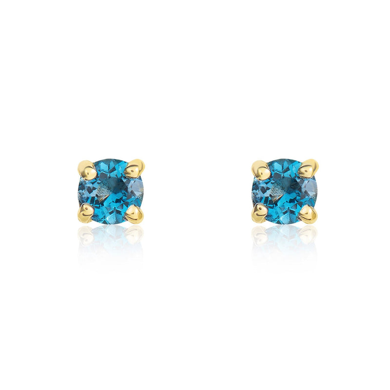 9ct Yellow Gold Round Natural London Blue Topaz Claw Stud Earrings — 3mm