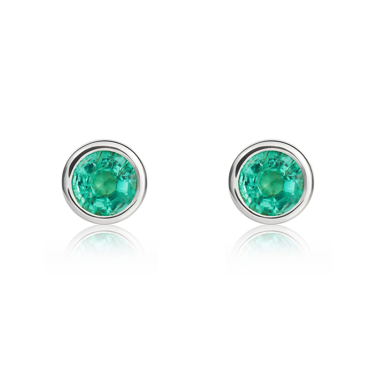 9ct White Gold Round Natural Emerald Rubover Stud Earrings — 4mm