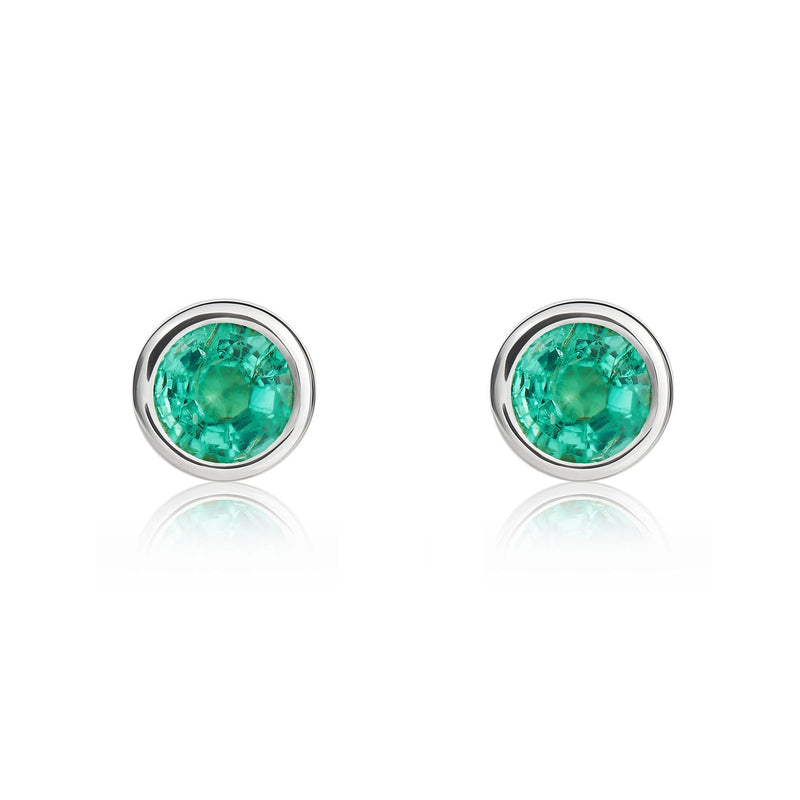 9ct White Gold Round Natural Emerald Rubover Stud Earrings — 4mm