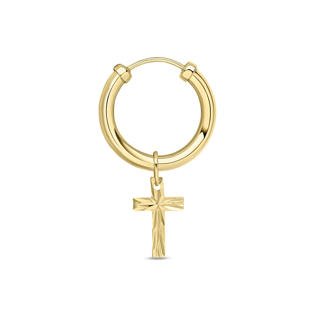 9ct Yellow Gold Diamond Cut Cross Charm Single Hoop Earring