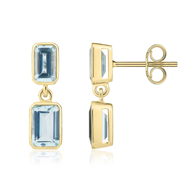 9ct Yellow Gold Octagonal Emerald Cut Natural Aquamarine Double Stone Rubover Drop Earrings