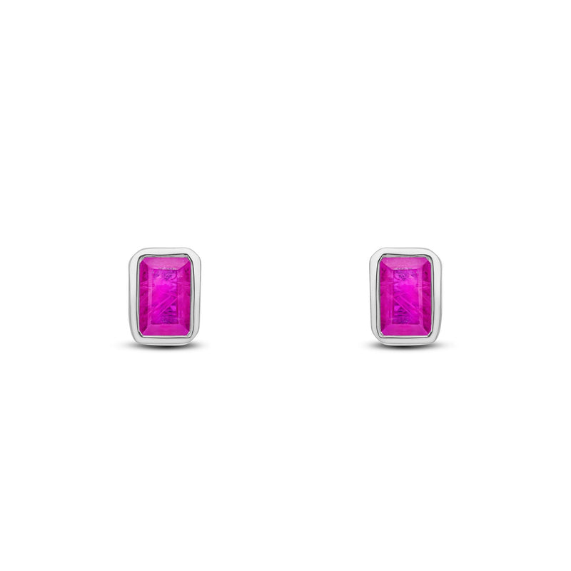 9ct White Gold Octagonal Emerald Cut Natural Ruby Rubover Stud Earrings — 5x3mm
