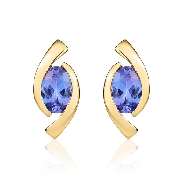 9ct Yellow Gold Oval Natural Tanzanite 'Eye' Stud Earrings — 6x4mm