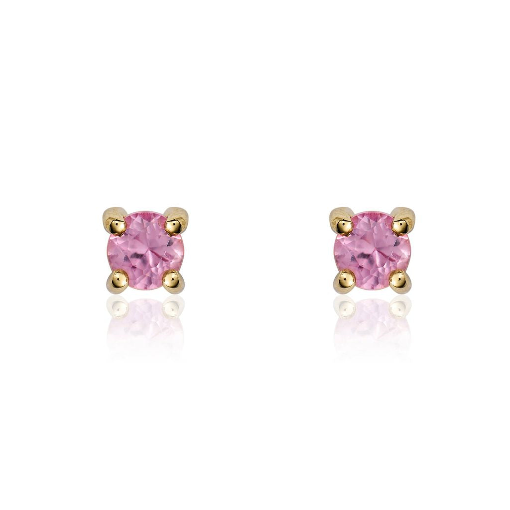 9ct Yellow Gold Round Natural Pink Sapphire Claw Stud Earrings — 3mm