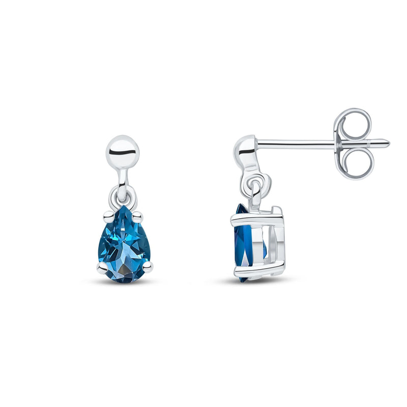 9ct White Gold Pear Shaped Natural London Blue Topaz Claw Drop Earrings — 6x4mm