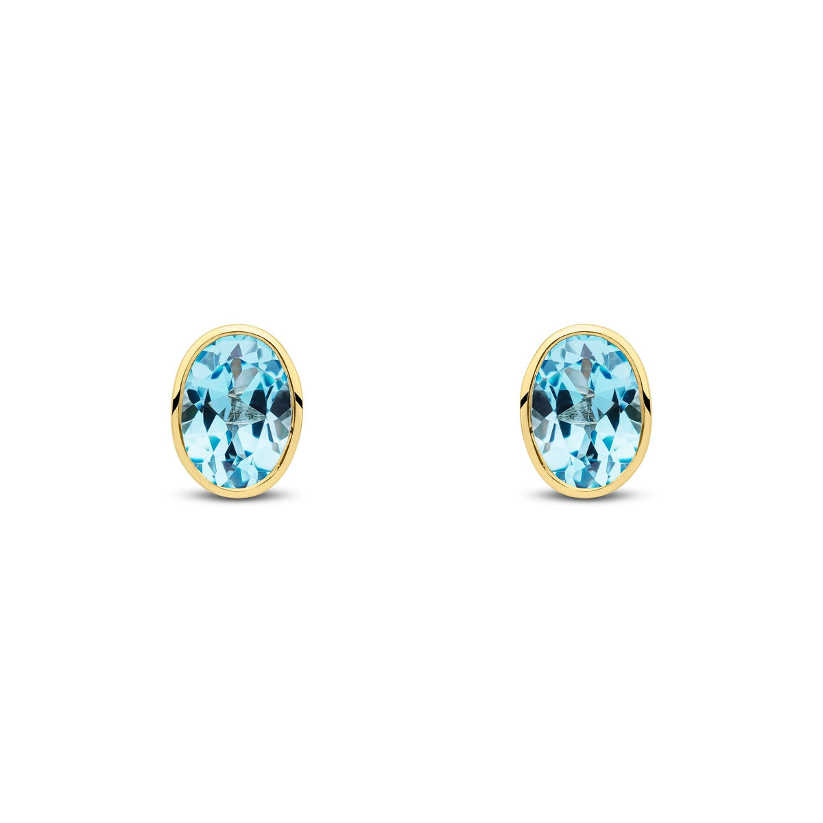 9ct Yellow Gold Oval Natural Swiss Blue Topaz Rubover Stud Earrings — 7x5mm
