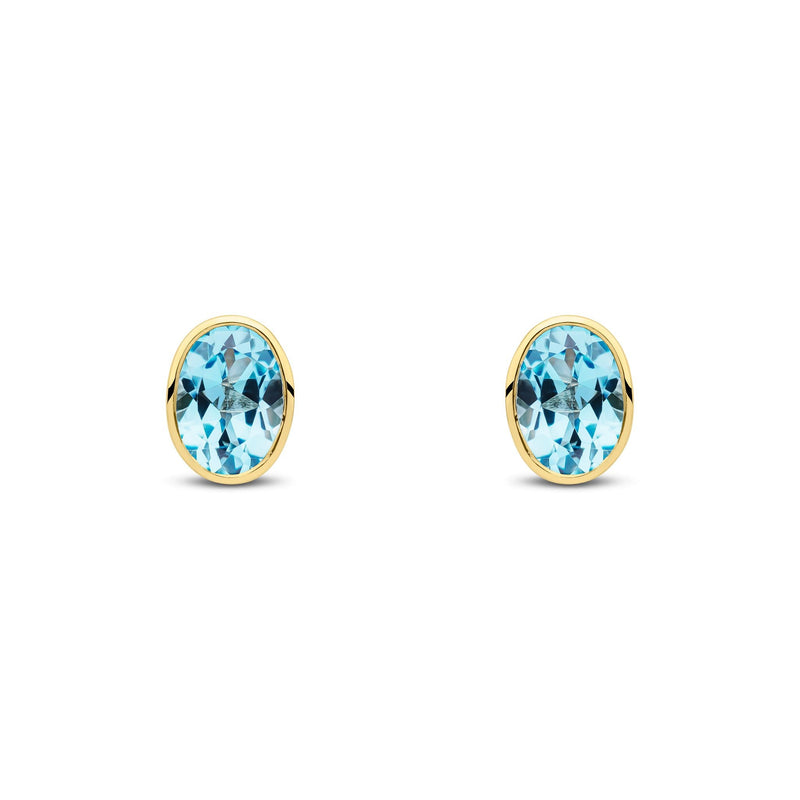 9ct Yellow Gold Oval Natural Swiss Blue Topaz Rubover Stud Earrings — 7x5mm