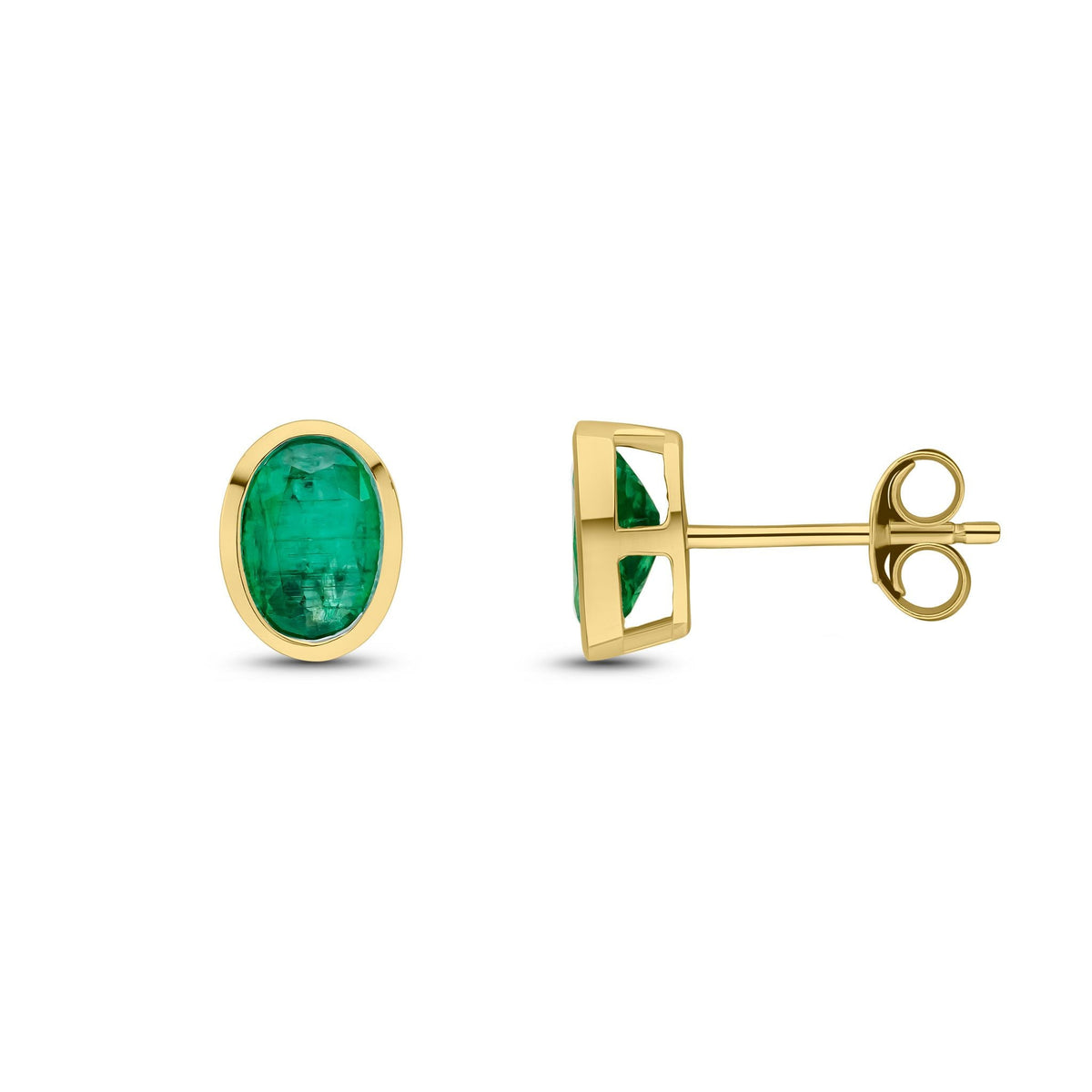 9ct Yellow Gold Oval Natural Emerald Rubover Stud Earrings — 7x5mm