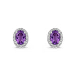 9ct White Gold Oval Natural Amethyst & Diamond Cluster Stud Earrings — 7x5mm