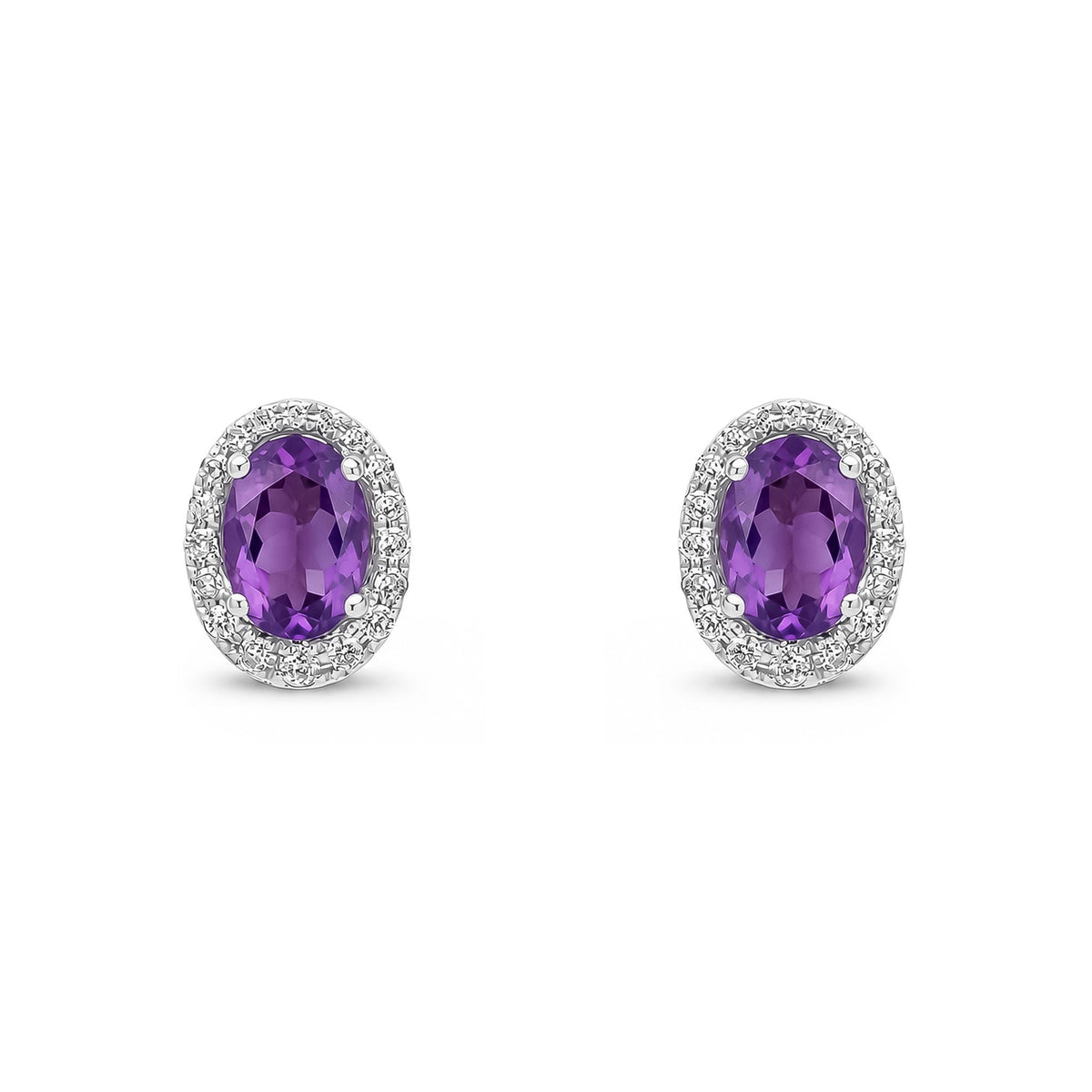 9ct White Gold Oval Natural Amethyst & Diamond Cluster Stud Earrings — 7x5mm