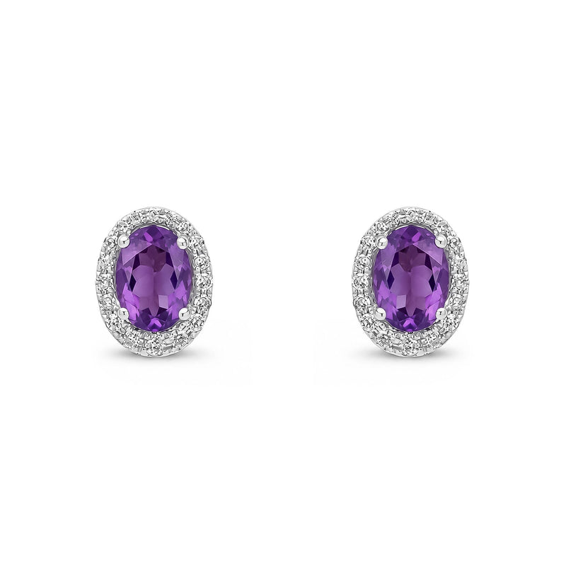 9ct White Gold Oval Natural Amethyst & Diamond Cluster Stud Earrings — 7x5mm