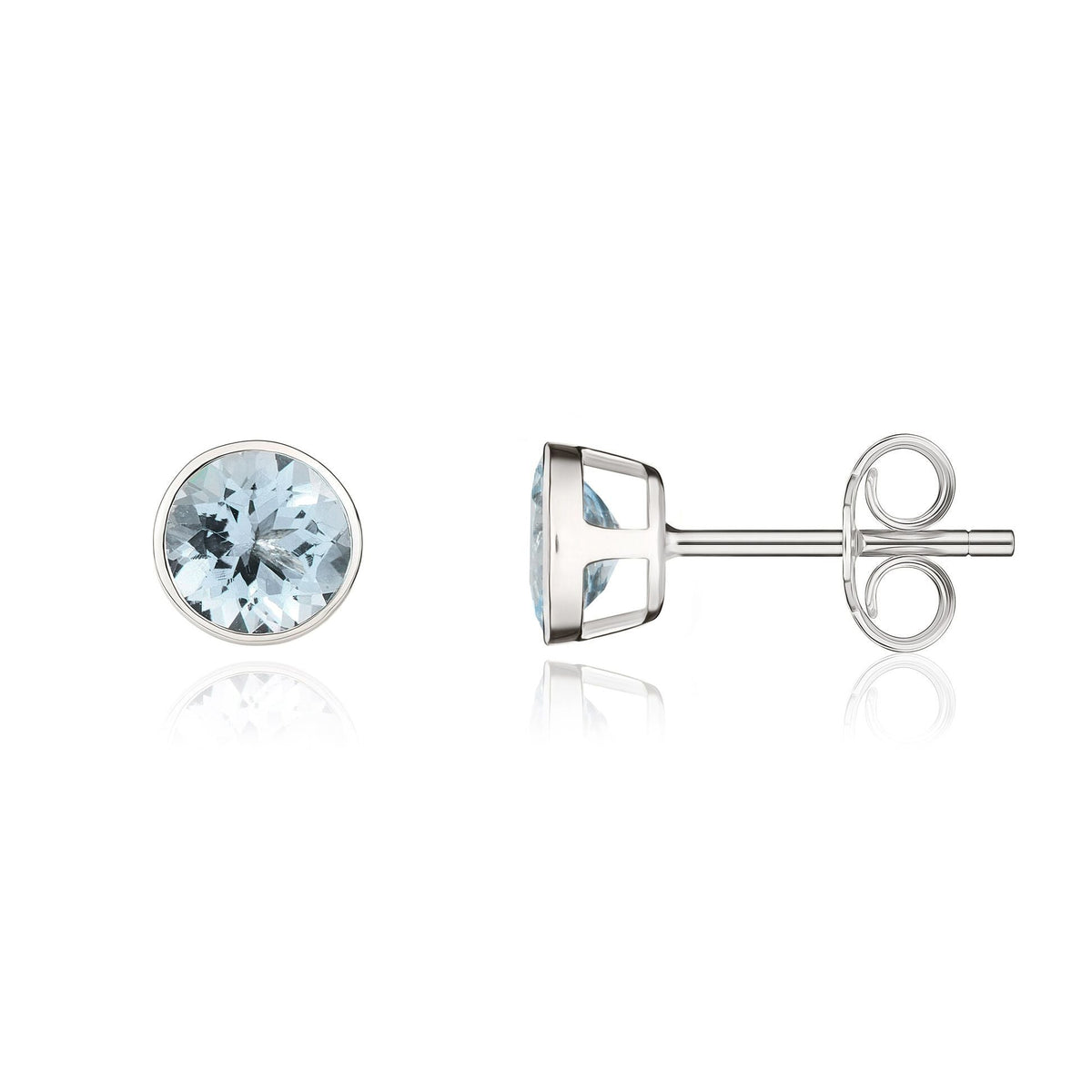 9ct White Gold Round Natural Aquamarine Rubover Stud Earrings — 5mm