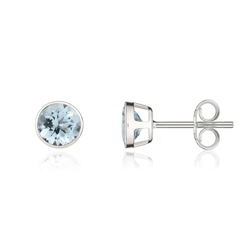 9ct White Gold Round Natural Aquamarine Rubover Stud Earrings — 5mm