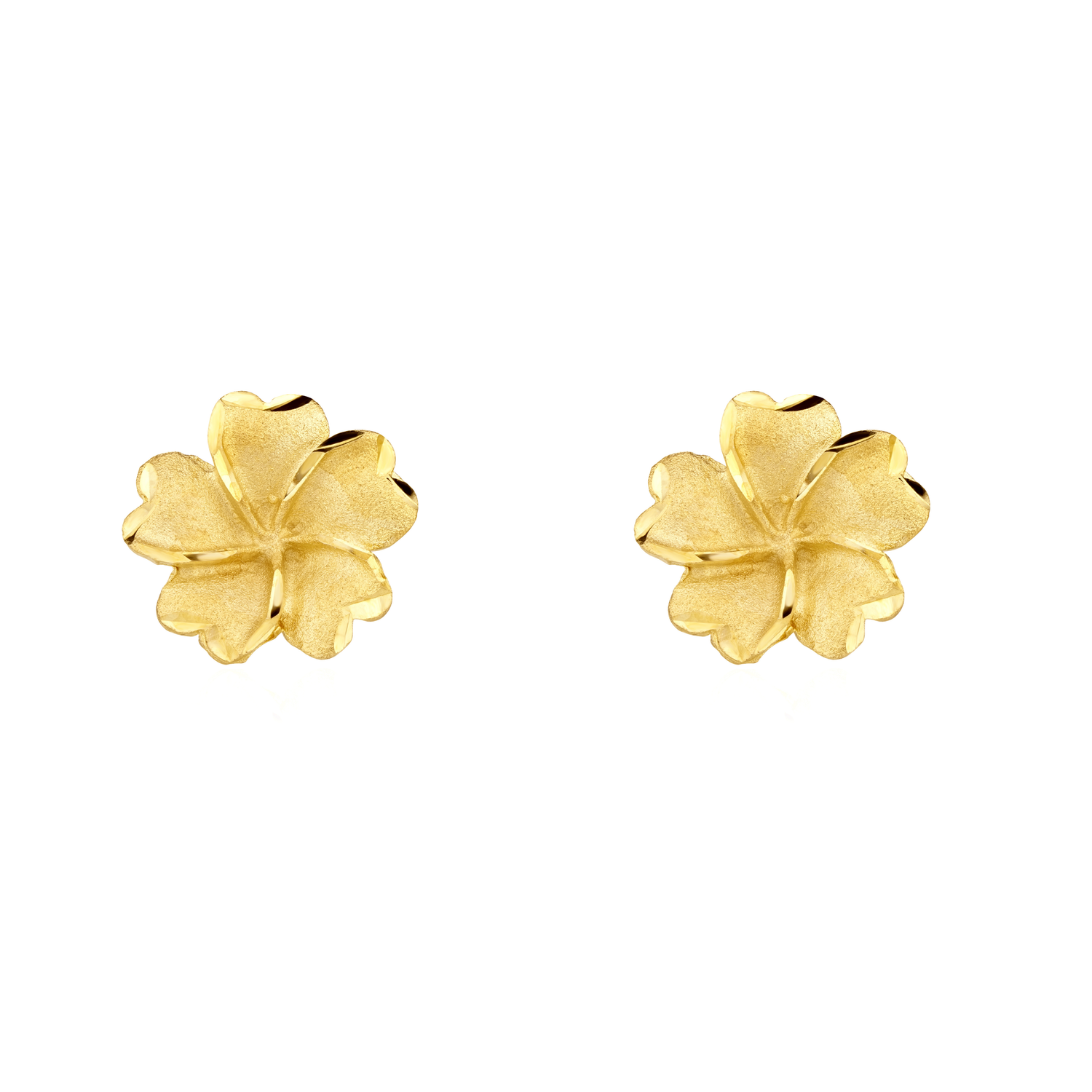 9ct Yellow Gold Satin and Polished Five Petal Flower Stud Earrings — 12mm