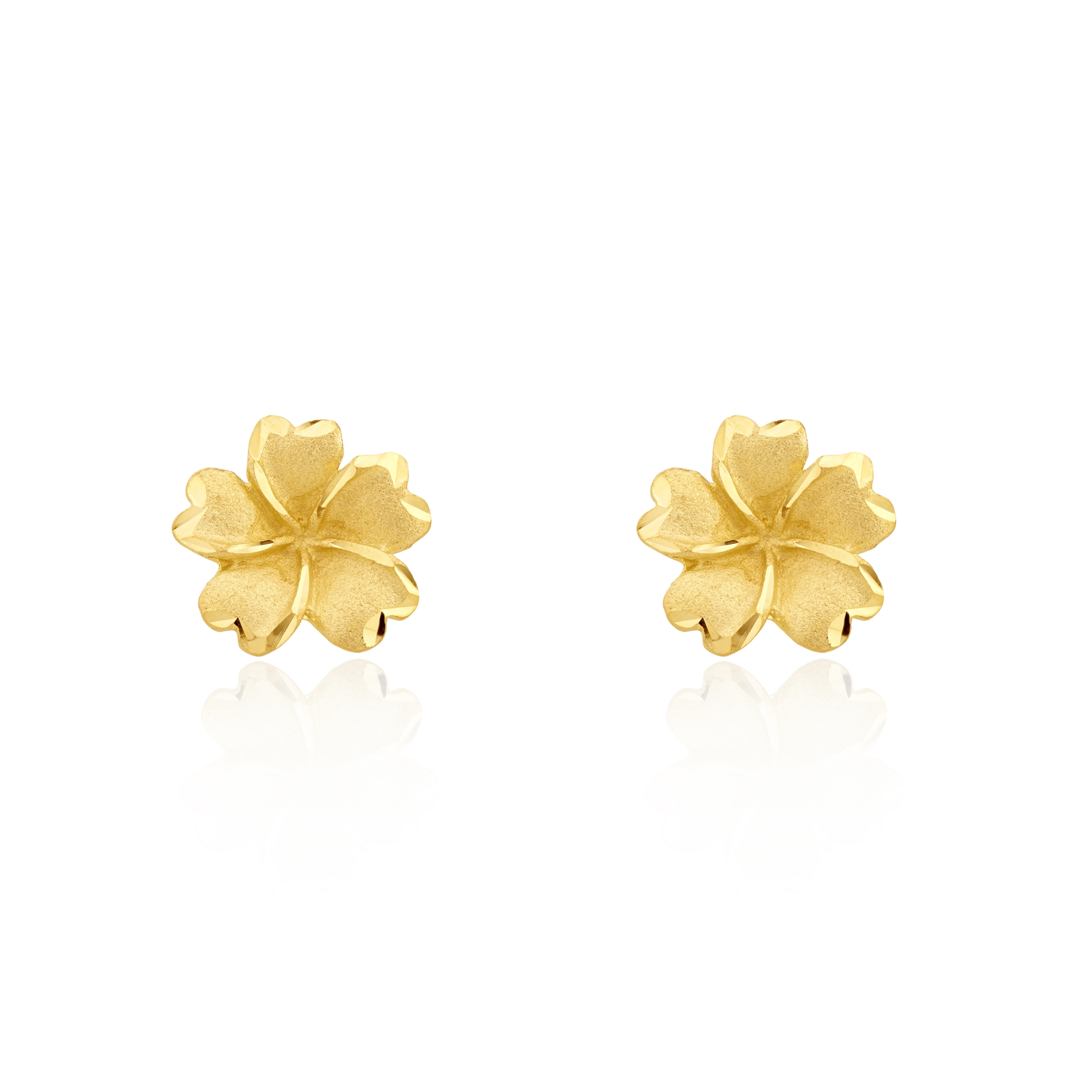 9ct Yellow Gold Satin and Polished Five Petal Flower Stud Earrings — 9mm