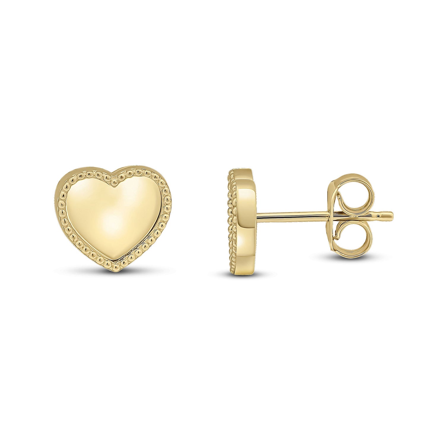 9ct Yellow Gold Beaded Edge Heart Stud Earrings -- 9x8mm